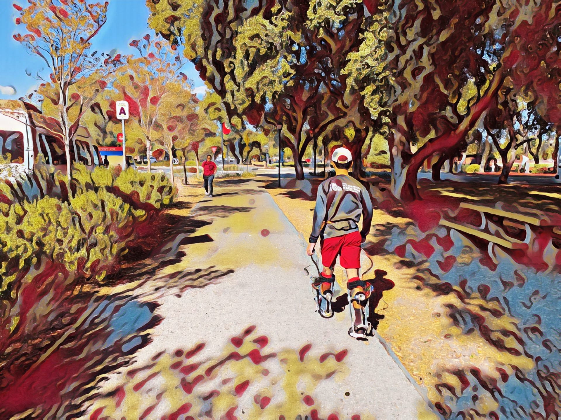 Stylized painting of people moving through a tree-lined park
